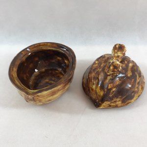 Vintage Mid Century Squirrel on Walnut Covered Ceramic Nut/Candy/Trinket Dish